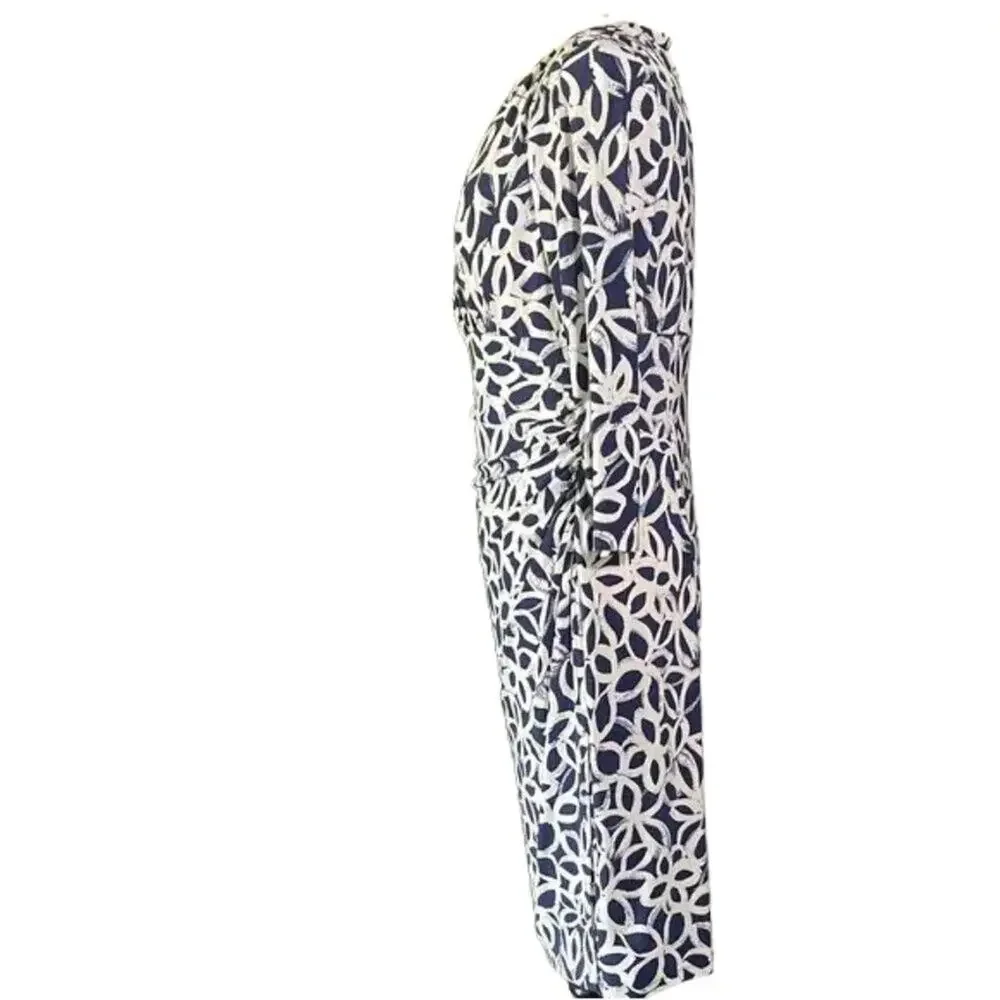 Elegant Blue and White Faux Wrap Patterned Dress